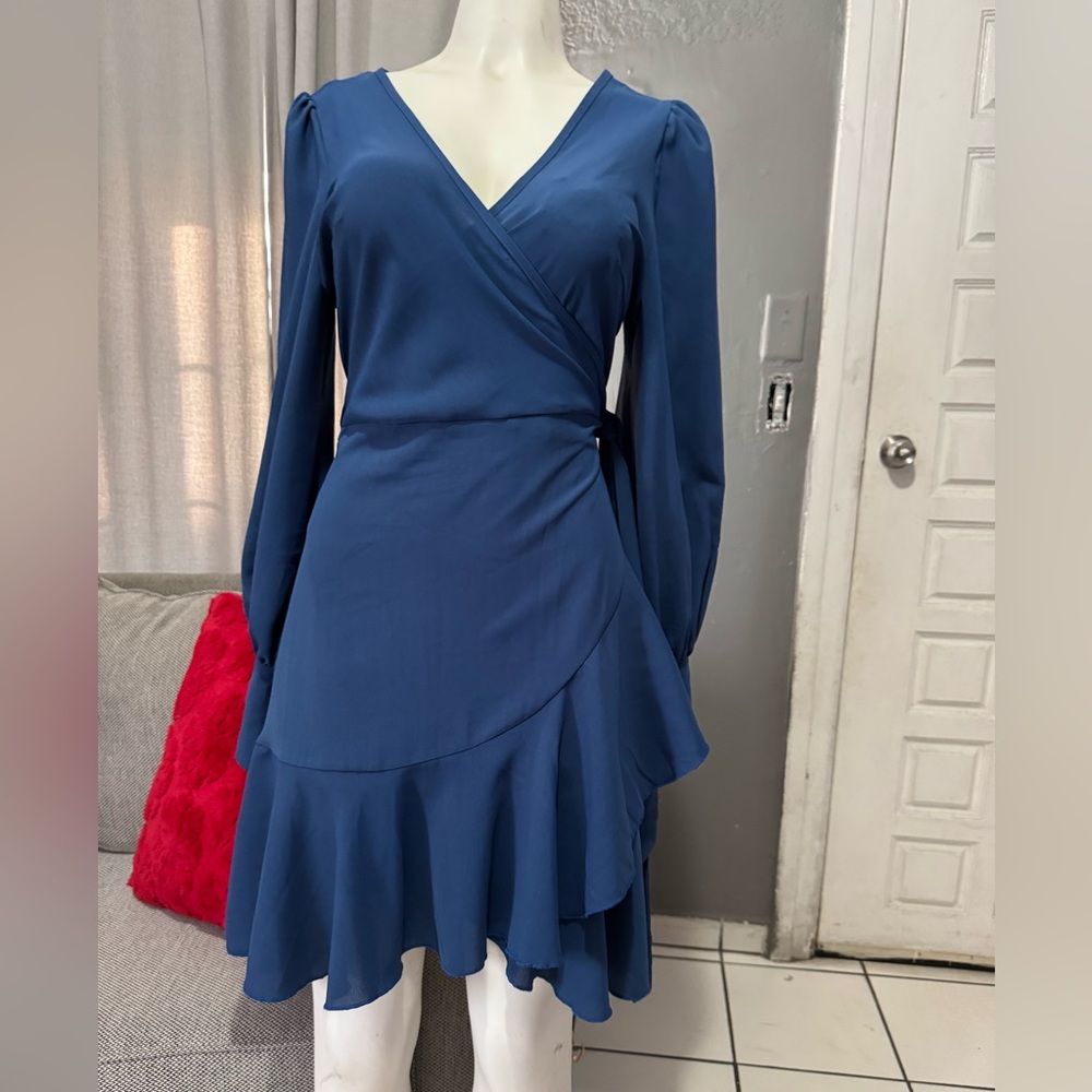 Blue Long-Sleeve Wrap Ruffle Dress - Picture 7 of 7